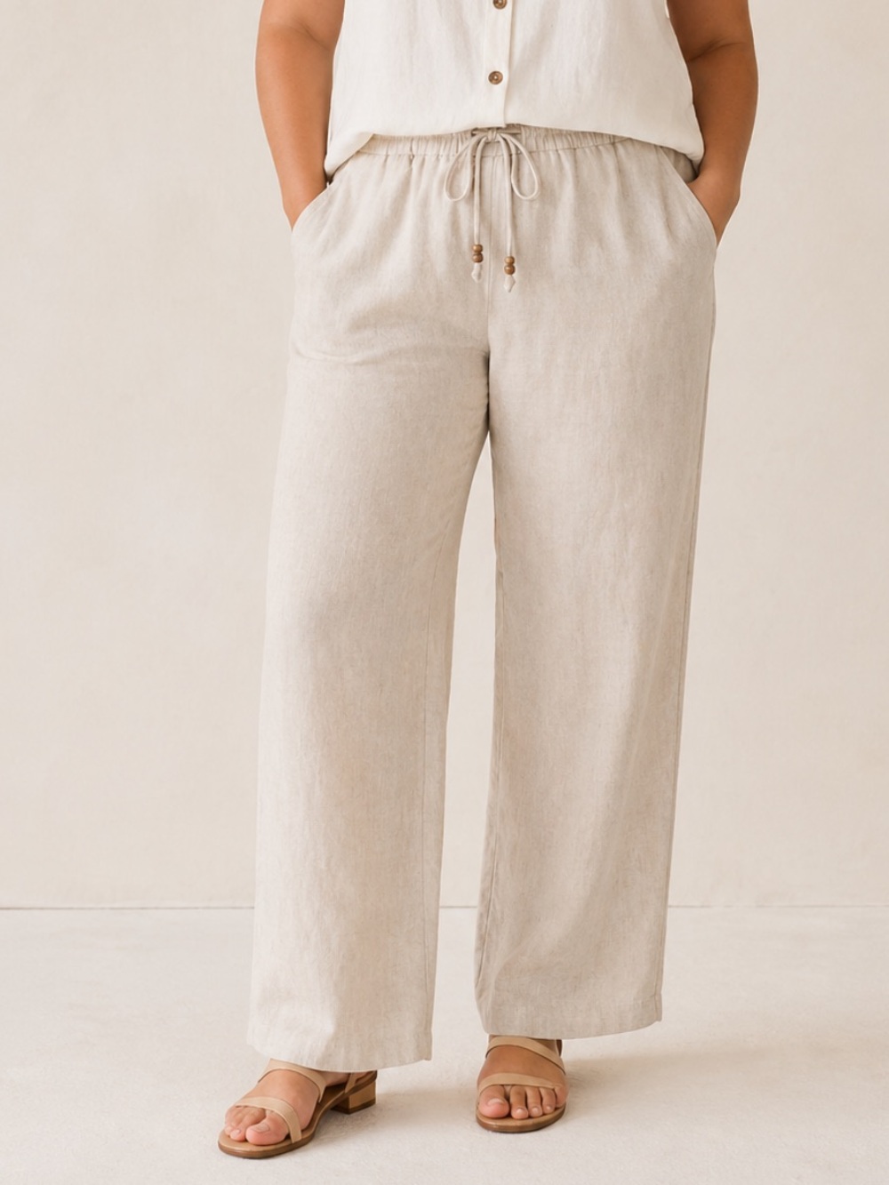 Alfred Dunner Beige Linen Pants Petite 14 Straight Leg Pull On Old Money Capsule